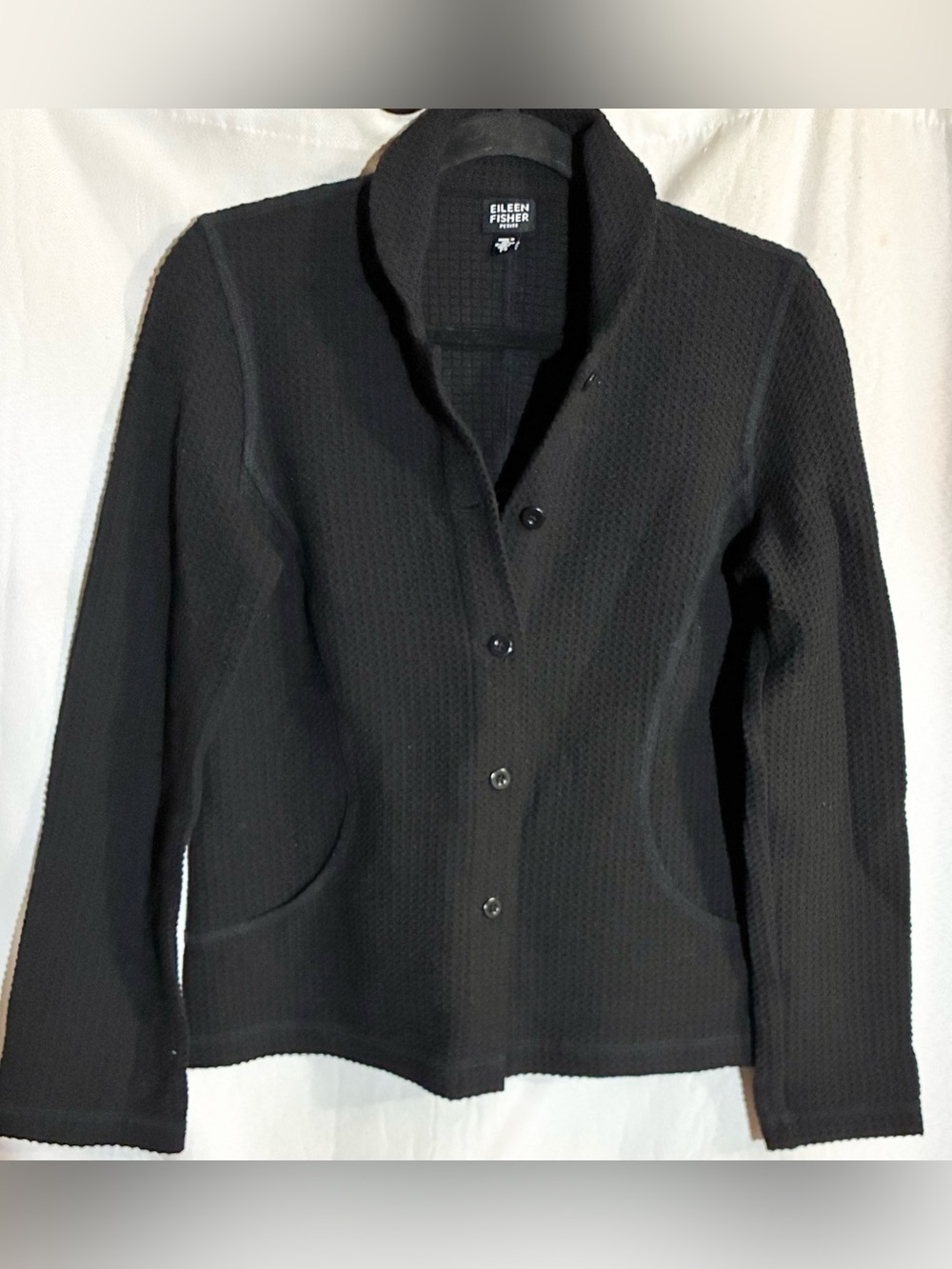 Eileen Fisher Black Waffle Knit Jacket Sz PS Blazer Stretch Comfy USA